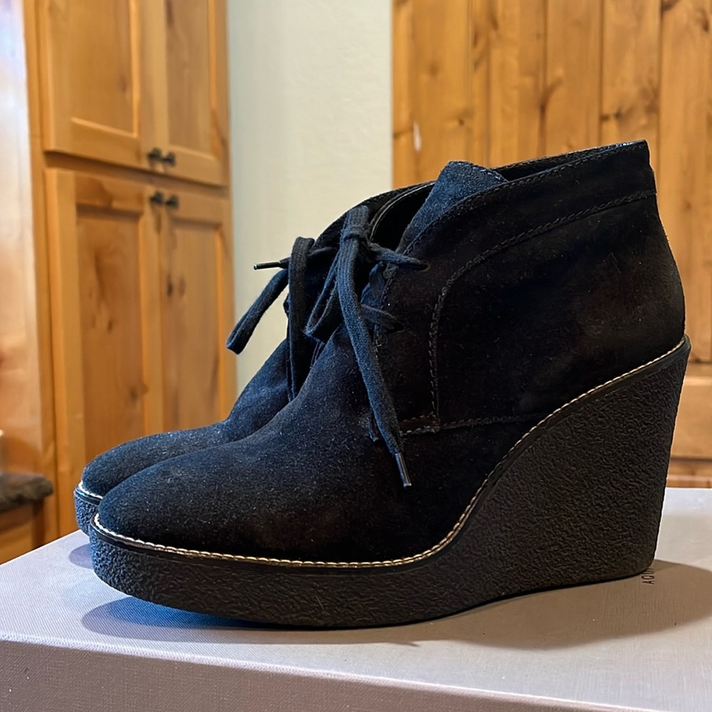Size 9 Italian Aquatalia platform black suede booties. Lightly sherpa lined.